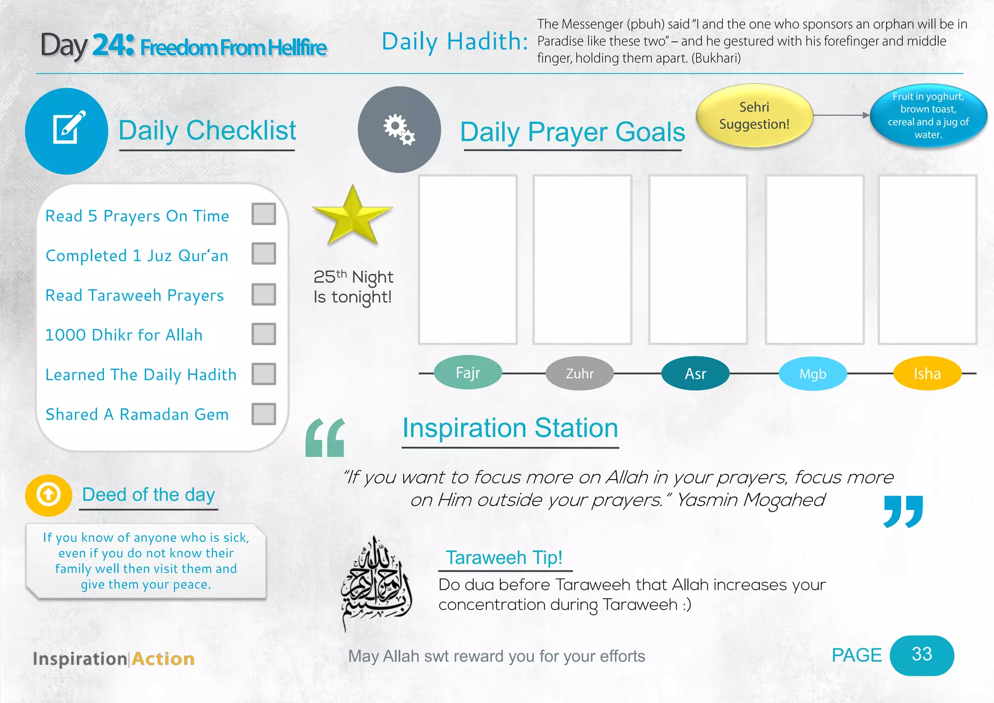 PAGEMay Allah swt reward you for your efforts
Day24:FreedomFromHellfire
Daily Checklist
Deed of the day
Daily Prayer GoalsV
33
Daily Hadith:
The Messenger (pbuh) said“I and the one who sponsors an orphan will be in
Paradise like these two”– and he gestured with his forefinger and middle
finger, holding them apart. (Bukhari)
Read 5 Prayers On Time
Completed 1 Juz Qur’an
Read Taraweeh Prayers
1000 Dhikr for Allah
Learned The Daily Hadith
Shared A Ramadan Gem

If you know of anyone who is sick,
even if you do not know their
family well then visit them and
give them your peace.
Fajr Zuhr Asr Mgb Isha
Ñ
Sehri
Suggestion!
Fruit in yoghurt,
brown toast,
cereal and a jug of
water.
Inspiration Station
“If you want to focus more on Allah in your prayers, focus more
on Him outside your prayers.” Yasmin Mogahed
Taraweeh Tip!
Do dua before Taraweeh that Allah increases your
concentration during Taraweeh :)
25th Night
Is tonight!
 
