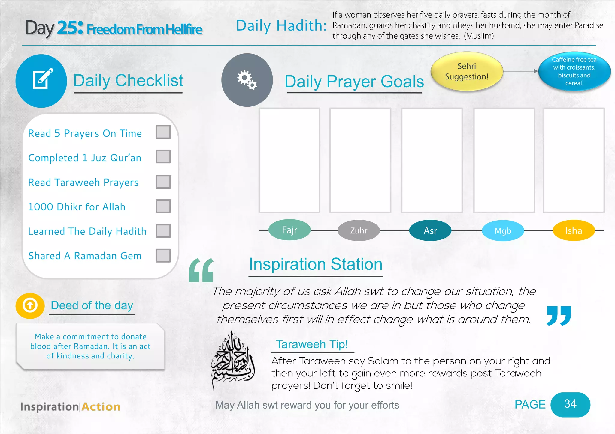 PAGEMay Allah swt reward you for your efforts
Day25:FreedomFromHellfire
Daily Checklist
Deed of the day
Daily Prayer GoalsV
34
Daily Hadith:
If a woman observes her five daily prayers, fasts during the month of
Ramadan, guards her chastity and obeys her husband, she may enter Paradise
through any of the gates she wishes. (Muslim)
Read 5 Prayers On Time
Completed 1 Juz Qur’an
Read Taraweeh Prayers
1000 Dhikr for Allah
Learned The Daily Hadith
Shared A Ramadan Gem

Make a commitment to donate
blood after Ramadan. It is an act
of kindness and charity.
Fajr Zuhr Asr Mgb Isha
Ñ
Sehri
Suggestion!
Caffeine free tea
with croissants,
biscuits and
cereal.
Inspiration Station
The majority of us ask Allah swt to change our situation, the
present circumstances we are in but those who change
themselves first will in effect change what is around them.
Taraweeh Tip!
After Taraweeh say Salam to the person on your right and
then your left to gain even more rewards post Taraweeh
prayers! Don’t forget to smile!
 
