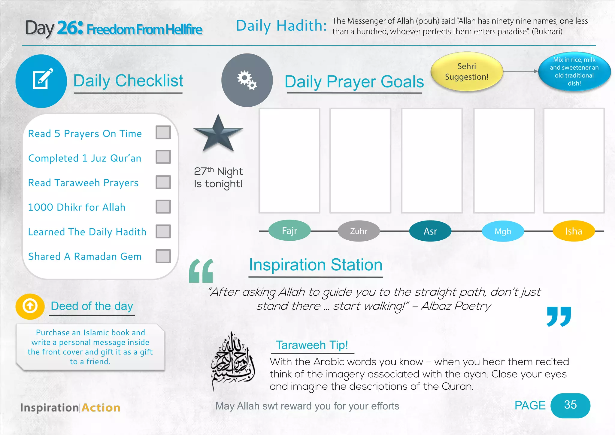 PAGEMay Allah swt reward you for your efforts
Day26:FreedomFromHellfire
Daily Checklist
Deed of the day
Daily Prayer GoalsV
35
Daily Hadith: The Messenger of Allah (pbuh) said“Allah has ninety nine names, one less
than a hundred, whoever perfects them enters paradise”. (Bukhari)
Read 5 Prayers On Time
Completed 1 Juz Qur’an
Read Taraweeh Prayers
1000 Dhikr for Allah
Learned The Daily Hadith
Shared A Ramadan Gem

Purchase an Islamic book and
write a personal message inside
the front cover and gift it as a gift
to a friend.
Fajr Zuhr Asr Mgb Isha
Ñ
Sehri
Suggestion!
Mix in rice, milk
and sweetener an
old traditional
dish!
Inspiration Station
“After asking Allah to guide you to the straight path, don’t just
stand there … start walking!” – Albaz Poetry
Taraweeh Tip!
With the Arabic words you know – when you hear them recited
think of the imagery associated with the ayah. Close your eyes
and imagine the descriptions of the Quran.
27th Night
Is tonight!
 