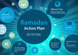 Ramadan
2013/1434
Action Plan
Millions Fast
Each year hundreds of millions of
Muslims fast in Ramadan. You are
not alone. This is harmony at its best.

Community
Get involved in yours this
year.
K
Brought to you
by:
Inspiration Action
www.shahbazmirza.com
Don’t pray for an
easy Ramadan,
pray to be a
stronger person.
x
This guide is tailored
for your Islamic Needs.
A 30 day planner lies
inside!
(
Productivity
A simple ramadan planner
helping you to become more
productive, sharp and
energetic!
b
8
5
a

>

[K
S
Let’s
come
& see
9

 