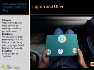 https://www.youtube.c
om/watch?v=sBiLPSw
RZqg
Concept:
With every ride with
Uber, you will be
sending a meal to a
person i...