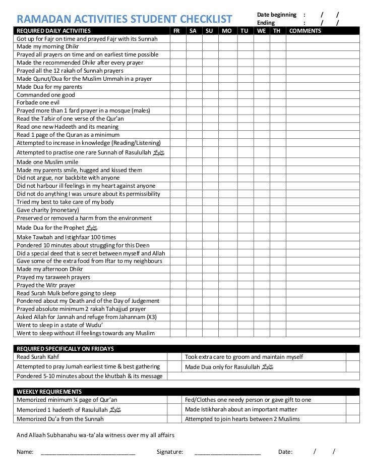 Ramadan Activities Checklist