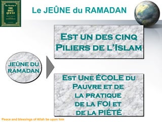 Le JEÛNE du RAMADAN


                                   Est un des cinq
                                  Piliers de l’Islam
   JEÛNE DU
   RAMADAN
                                      Est Une ÉCOLE du
                                        Pauvre et de
                                         la pratique
                                         de la FOI et
                                         de la PIÉTÉ
Peace and blessings of Allah be upon him
 