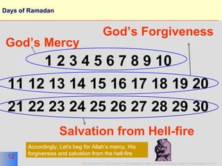 Days of Ramadan 1 2 3 4 5 6 7 8 9 10 11 12 13 14 15 16 17 18 19 20 21 22 23 24 25 26 27 28 29 30 God’s Forgiveness Salvation from Hell-fire God’s Mercy Accordingly, Let's beg for Allah’s mercy, His forgiveness and salvation from the hell-fire 