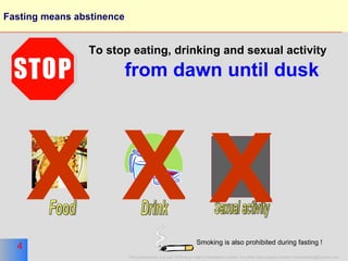 Fasting means abstinence Drink Food Sexual activity X To stop eating, drinking and sexual activity  from dawn until dusk X Smoking is also prohibited during fasting ! X 