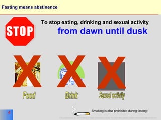 Fasting means abstinence Drink Food Sexual activity X To stop eating, drinking and sexual activity  from dawn until dusk X Smoking is also prohibited during fasting ! X 