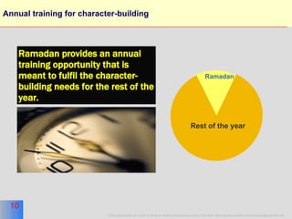 Annual training for character-building Ramadan Rest of the year Ramadan provides an annual training opportunity that is meant to fulfil the character-building needs for the rest of the year. 