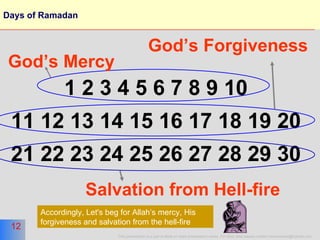 Days of Ramadan 1 2 3 4 5 6 7 8 9 10 11 12 13 14 15 16 17 18 19 20 21 22 23 24 25 26 27 28 29 30 God’s Forgiveness Salvation from Hell-fire God’s Mercy Accordingly, Let's beg for Allah’s mercy, His forgiveness and salvation from the hell-fire 