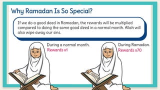 Why Ramadan Is So Special?
If we do a good deed in Ramadan, the rewards will be multiplied
compared to doing the same good deed in a normal month. Allah will
also wipe away our sins.
During a normal month. During Ramadan.
Rewards x1 Rewards x70
 