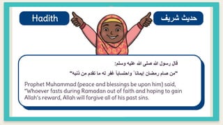 Hadith
Prophet Muhammad (peace and blessings be upon him) said,
“Whoever fasts during Ramadan out of faith and hoping to gain
Allah’s reward, Allah will forgive all of his past sins.
‫وسلم‬ ‫عليه‬ ‫هللا‬ ‫صلى‬ ‫هللا‬ ‫رسول‬ ‫قال‬
:
"
‫ذنبه‬ ‫من‬ ‫تقدم‬ ‫ما‬ ‫له‬ ‫غفر‬ ً‫ا‬‫واحتساب‬ ً ‫إيمانا‬ ‫رمضان‬ ‫صام‬ ‫من‬
"
‫شريف‬ ‫حديث‬
 