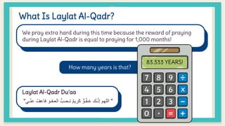 What Is Laylat Al-Qadr?
We pray extra hard during this time because the reward of praying
during Laylat Al-Qadr is equal to praying for 1,000 months!
How many years is that?
ANSWER
83.333 YEARS!
Laylat Al-Qadr Du’aa
"
‫الع‬ ُّ‫تـحـب‬ ٌ‫م‬‫كري‬ ٌّ‫ـو‬ُ‫ف‬‫ـ‬َ‫ع‬ ‫ـك‬َّ‫ن‬‫إ‬ ‫اللهم‬
‫ـي‬ّ‫ن‬‫ع‬ ُ‫فاعف‬ َ‫ـفـو‬
"
 
