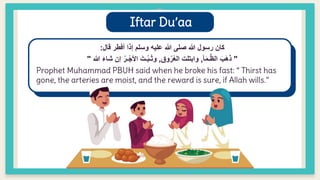 Iftar Du’aa
Prophet Muhammad PBUH said when he broke his fast: “ Thirst has
gone, the arteries are moist, and the reward is sure, if Allah wills.”
‫قال‬ ‫أفطر‬ ‫إذا‬ ‫وسلم‬ ‫عليه‬ ‫هللا‬ ‫صلى‬ ‫هللا‬ ‫رسول‬ ‫كان‬
:
"
‫أ‬َ‫م‬‫ـ‬َّ‫ظ‬‫ال‬ َ‫ب‬َ‫ه‬َ‫ذ‬
,
‫وق‬ُ‫ر‬ُ‫ع‬‫ال‬ ‫وابتلت‬
,
ُ‫ـر‬ْ‫األج‬ َ‫ـت‬ُ‫ب‬‫ـ‬َ‫ث‬‫و‬
‫هللا‬ ََ‫شا‬ ‫إن‬
"
 