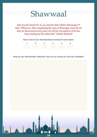 Shawwaal
Abu Ayyub Ansari ‫ﺭ‬
‫ﺿ‬
‫ﻲ‬
‫ﷲ‬
‫ﻋ‬
‫ﻨ‬
‫ﻪ‬ narrates that Allah’s Messenger ‫ﷺ‬
said: “Whoever, after completing the fasts of Ramaḍan, fasts for six
days in Shawwaal (every year), he will be rewarded as if he has
been fasting for his entire life.” [Sahih Muslim]
Keep a track of your Shawwaal fasts by ticking the boxes below:
34
1 2 3 4 5 6
What are your Post-Ramadan reflections? How can you improve for next year InshaAllah?
 