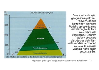 Pela sua localização
geográfica e pelo seu
relevo vulcânico
acidentado, a Ilha da
Madeira apresenta uma
estratificação da flora
em andares de
vegetação. Reparem
nas diferenças de
altitude que delimitam
estes andares conforme
se trata da encosta
virada a Norte ou da
encosta a Sul.

http://madeira-gentes-lugares.blogspot.pt/2007/05/laurissilva-floresta-da-madeira.html

4

 