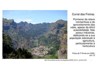 Curral das Freiras.
Pormenor do relevo
montanhoso e do
aproveitamento dos
vales, apesar da difícil
acessibilidade. Não
possui indústrias,
dedicando-se a sua
população sobretudo à
agricultura,
particularmente à
horticultura
Fotos de F.Torres em 2009Jun-12
http://fernandoserranotorres.blogspot.pt/2009_08_01_archive.html

5

 