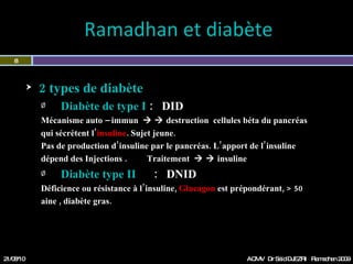 Ramadhan et diabète  2 types de diabète Diabète de type I  :  DID  Mécanisme auto – immun       destruction  cellules béta du pancréas  qui sécrètent l’ insuline . Sujet jeune.  Pas de production d’insuline par le pancréas. L’apport de l’insuline  dépend des Injections .  Traitement       insuline Diabète type II  :  DNID Déficience ou résistance à l’insuline,  Glucagon  est prépondérant, > 50 aine ,  diabète gras. 21/08/10 Dr Saïd DJEZRI  Ramadhan 2010 