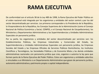 RAMA EJECUTIVA
De conformidad con el artículo 38 de la Ley 489 de 1998, la Rama Ejecutiva del Poder Público en
el orden nacional está integrada por los organismos y entidades del sector central y por los del
sector descentralizado por servicios. Los primeros corresponden a la Presidencia de la República,
la Vicepresidencia de la República, los Consejos Superiores de la Administración (como el Consejo
Nacional de Política Económica y Social, CONPES, o el Consejo Nacional de Estupefacientes), los
Ministerios y Departamentos Administrativos y las Superintendencias y Unidades Administrativas
Especiales sin personería jurídica.
Por su parte, los organismos y entidades del sector descentralizado por servicios son: los
Establecimientos Públicos, las Empresas Industriales y Comerciales del Estado, las
Superintendencias y Unidades Administrativas Especiales con personería jurídica, las Empresas
Sociales del Estado y las Empresas Oficiales de Servicios Públicos Domiciliarios, los Institutos
Científicos y Tecnológicos, las Sociedades Públicas y de Economía Mixta y las demás entidades
administrativas nacionales con personería jurídica que cree, organice o autorice la ley para que
formen parte de la Rama Ejecutiva del Poder Público. Estos son organismos y entidades adscritos
o vinculados a un Ministerio o un Departamento Administrativo que gozan de personería jurídica,
autonomía administrativa y patrimonio propio o capital independiente.
 