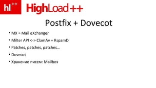 Postfix + Dovecot MX = Mail eXchanger Milter API <-> ClamAv + RspamD Patches, patches, patches … Dovecot Хранение писем : Mailbox 
