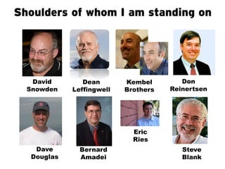 Shoulders of whom I am standing on

David
Snowden

Dean
Leffingwell

Kembel
Brothers

Don
Reinertsen

Eric
Ries
Dave
Douglas

Bernard
Amadei

Steve
Blank

 