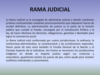 RAMA JUDICIAL
La Rama Judicial es la encargada de administrar justicia y decidir cuestiones
jurídicas controvertidas mediante pronunciamientos que adquieren fuerza de
verdad definitiva. La administración de justicia es la parte de la función
pública que cumple el Estado, encargada por la Constitución Política y la
ley, de hacer efectivos los derechos, obligaciones, garantías y libertades para
lograr la convivencia social.
La Rama Judicial está conformada por cuatro jurisdicciones: la ordinaria, la
contencioso-administrativa, la constitucional y las jurisdicciones especiales.
Hacen parte de esta rama también la Fiscalía General de la Nación y el
Consejo Superior de la Judicatura. Así mismo se reconocen las jurisdicciones
indígenas en donde se imparte justicia según sus creencias y
costumbres, igualmente existen los jueces de paz, como ayuda para resolver
conflictos individuales y comunitarios.
 