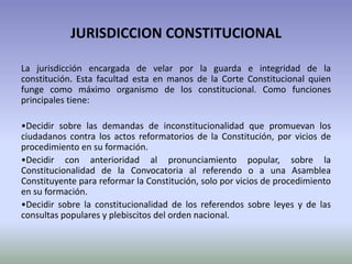 JURISDICCION CONSTITUCIONAL
La jurisdicción encargada de velar por la guarda e integridad de la
constitución. Esta facultad esta en manos de la Corte Constitucional quien
funge como máximo organismo de los constitucional. Como funciones
principales tiene:
•Decidir sobre las demandas de inconstitucionalidad que promuevan los
ciudadanos contra los actos reformatorios de la Constitución, por vicios de
procedimiento en su formación.
•Decidir con anterioridad al pronunciamiento popular, sobre la
Constitucionalidad de la Convocatoria al referendo o a una Asamblea
Constituyente para reformar la Constitución, solo por vicios de procedimiento
en su formación.
•Decidir sobre la constitucionalidad de los referendos sobre leyes y de las
consultas populares y plebiscitos del orden nacional.
 