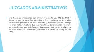 JUZGADOS ADMINISTRATIVOS
 Esta figura es introducida por primera vez en la Ley 446 de 1998 y
tienen un muy reciente funcionamiento. Son creados de acuerdo a las
necesidades procesales en cada circuito y municipio por el Consejo
Superior de la Judicatura. Sus características, denominación y número
son establecidos por tal Consejo; los asuntos que debe resolver en
distintas instancias, se contemplan en el articulo 42 de la Ley 270 de
1996.
 