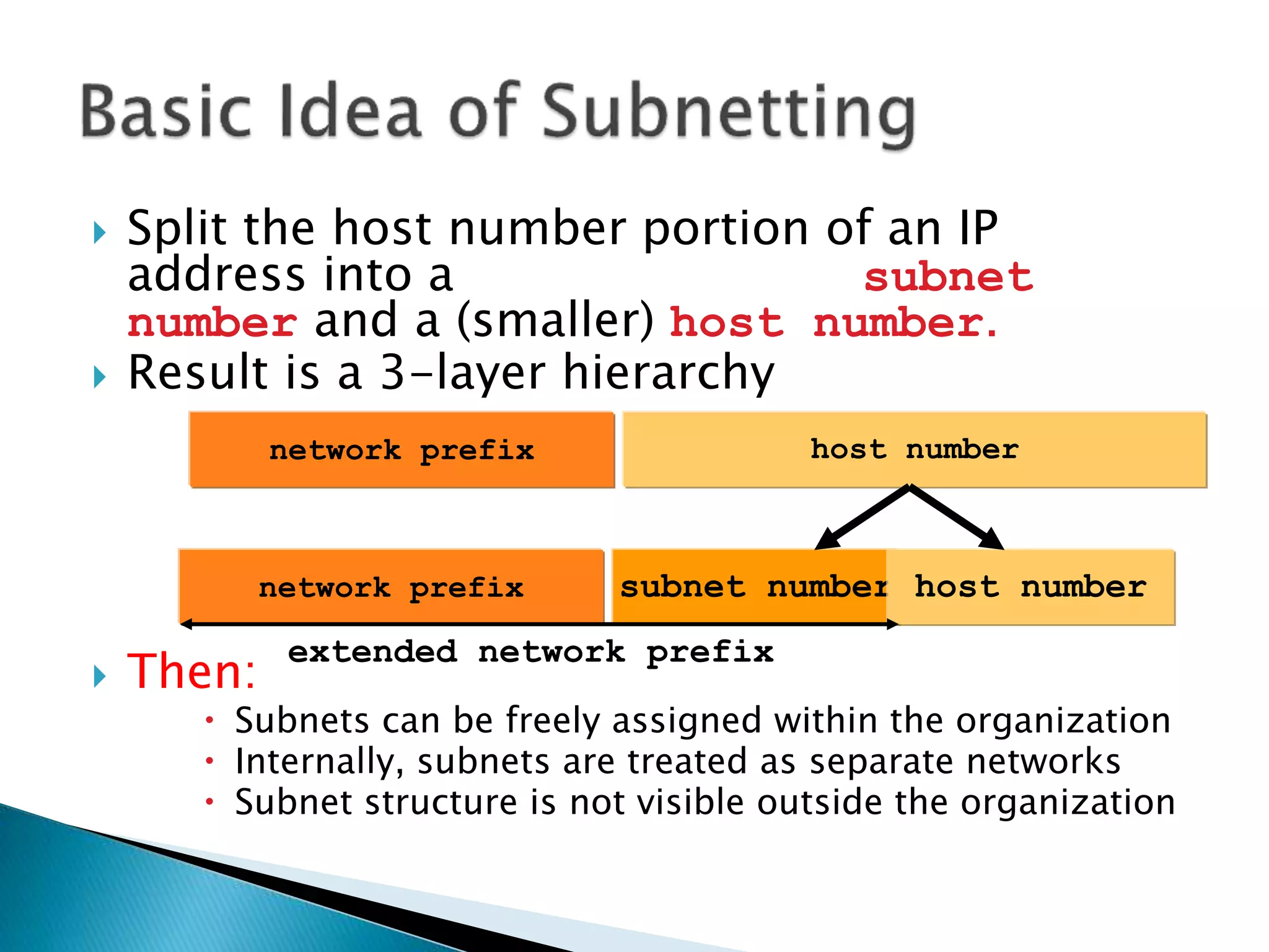  Split the host number portion of an IP
address into a subnet
number and a (smaller) host number.
 Result is a 3-layer hierarchy
 Then:
 Subnets can be freely assigned within the organization
 Internally, subnets are treated as separate networks
 Subnet structure is not visible outside the organization
network prefix host number
subnet numbernetwork prefix host number
extended network prefix
 