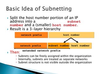  Split the host number portion of an IP
address into a subnet
number and a (smaller) host number.
 Result is a 3-layer hierarchy
 Then:
 Subnets can be freely assigned within the organization
 Internally, subnets are treated as separate networks
 Subnet structure is not visible outside the organization
network prefix host number
subnet numbernetwork prefix host number
extended network prefix
 