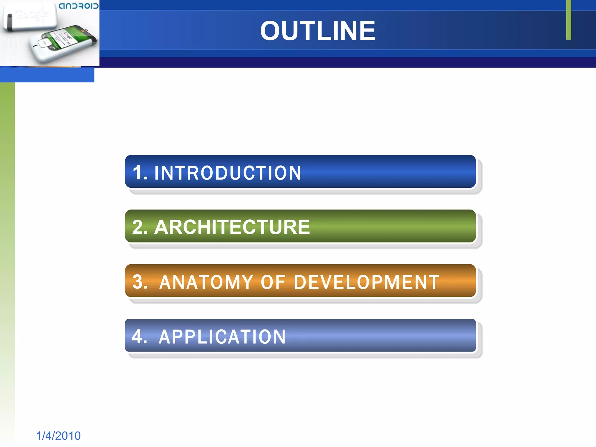 OUTLINE 1/4/2010 2. ARCHITECTURE 3.  ANATOMY OF DEVELOPMENT   4.  APPLICATION 1.  INTRODUCTION  