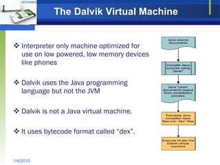 The Dalvik Virtual Machine   Interpreter only machine optimized for use on low powered, low memory devices like phones Dalvik uses the Java programming language but not the JVM  Dalvik is not a Java virtual machine.  It uses bytecode format called “dex”.  1/4/2010 