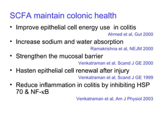 SCFA maintain colonic health
• Improve epithelial cell energy use in colitis
Ahmed et al, Gut 2000
• Increase sodium and water absorption
Ramakrishna et al, NEJM 2000
• Strengthen the mucosal barrier
Venkatraman et al, Scand J GE 2000
• Hasten epithelial cell renewal after injury
Venkatraman et al, Scand J GE 1999
• Reduce inflammation in colitis by inhibiting HSP
70 & NF-κB
Venkatraman et al, Am J Physiol 2003
 