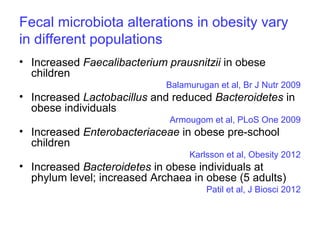 Fecal microbiota alterations in obesity vary
in different populations
• Increased Faecalibacterium prausnitzii in obese
children
Balamurugan et al, Br J Nutr 2009
• Increased Lactobacillus and reduced Bacteroidetes in
obese individuals
Armougom et al, PLoS One 2009
• Increased Enterobacteriaceae in obese pre-school
children
Karlsson et al, Obesity 2012
• Increased Bacteroidetes in obese individuals at
phylum level; increased Archaea in obese (5 adults)
Patil et al, J Biosci 2012
 