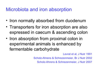 Microbiota and iron absorption
• Iron normally absorbed from duodenum
• Transporters for iron absorption are also
expressed in caecum & ascending colon
• Iron absorption from proximal colon in
experimental animals is enhanced by
fermentable carbohydrate
Levrat et al, J Nutr 1991
Scholz-Ahrens & Schrezenmeier, Br J Nutr 2002
Scholz-Ahrens & Schrezenmeier, J Nutr 2007
 