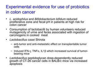 Experimental evidence for use of probiotics
in colon cancer
• L. acidophilus and Bifidobacterium bifidum reduced
proliferative zone and fecal pH in patients at high risk for
colon cancer
• Consumption of lactobacilli by human volunteers reduced
mutagenicity of urine and feces associated with ingestion of
carcinogens in cooked meat
• Lactobacillus casei Shirota
– anti-tumor and anti-metastatic effect on transplantable tumor
cells
– Induced IFN-γ, TNFα, IL1β which increased survival of tumor-
bearing mice
• Lactobacillus peptidoglycan dose-dependently reduced
growth of CT-26 cancer cells in BALB/c mice via increased
apoptosis
 