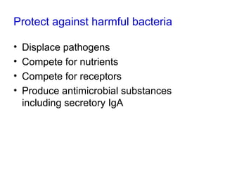 Protect against harmful bacteria
• Displace pathogens
• Compete for nutrients
• Compete for receptors
• Produce antimicrobial substances
including secretory IgA
 