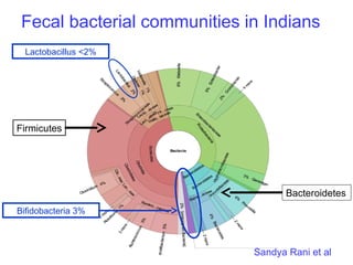 Fecal bacterial communities in Indians
Bacteroidetes
Firmicutes
Sandya Rani et al
Lactobacillus <2%
Bifidobacteria 3%
 