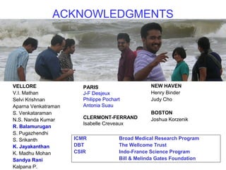 ACKNOWLEDGMENTS
VELLORE
V.I. Mathan
Selvi Krishnan
Aparna Venkatraman
S. Venkataraman
N.S. Nanda Kumar
R. Balamurugan
S. Pugazhendhi
S. Srikanth
K. Jayakanthan
K. Madhu Mohan
Sandya Rani
Kalpana P.
NEW HAVEN
Henry Binder
Judy Cho
BOSTON
Joshua Korzenik
PARIS
J-F Desjeux
Philippe Pochart
Antonia Suau
CLERMONT-FERRAND
Isabelle Creveaux
ICMR Broad Medical Research Program
DBT The Wellcome Trust
CSIR Indo-France Science Program
Bill & Melinda Gates Foundation
 