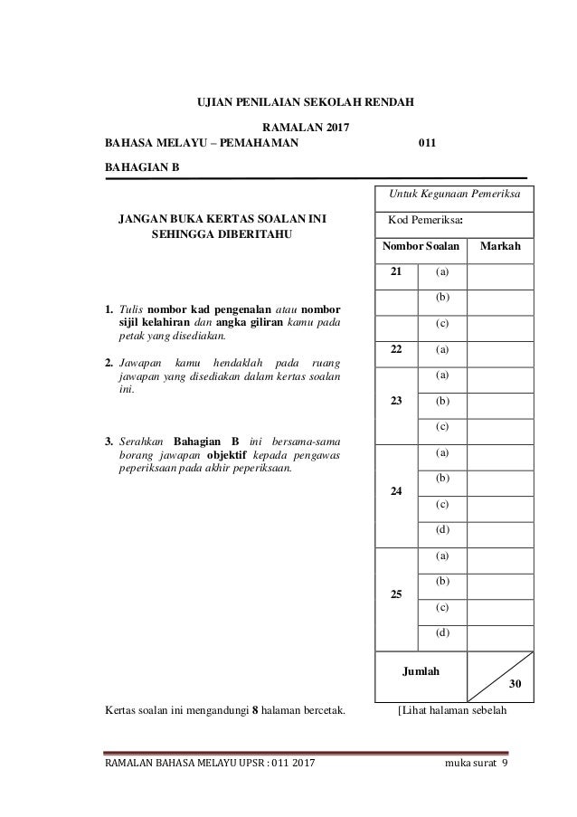 Soalan Ramalan Upsr 2019 Bahasa Melayu - Malacca a