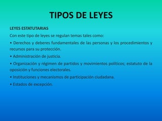 TIPOS DE LEYES
LEYES ESTATUTARIAS
Con este tipo de leyes se regulan temas tales como:
• Derechos y deberes fundamentales de las personas y los procedimientos y
recursos para su protección.
• Administración de justicia.
• Organización y régimen de partidos y movimientos políticos; estatuto de la
oposición y funciones electorales.
• Instituciones y mecanismos de participación ciudadana.
• Estados de excepción.
 