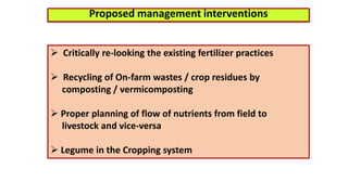  Critically re-looking the existing fertilizer practices
 Recycling of On-farm wastes / crop residues by
composting / vermicomposting
 Proper planning of flow of nutrients from field to
livestock and vice-versa
 Legume in the Cropping system
Proposed management interventions
 