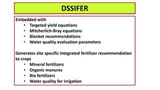 DSSIFER
Embedded with
• Targeted yield equations
• Mitcherlich-Bray equations
• Blanket recommendations
• Water quality evaluation parameters
Generates site specific integrated fertilizer recommendation
to crops
• Mineral fertilizers
• Organic manures
• Bio fertilizers
• Water quality for irrigation
 