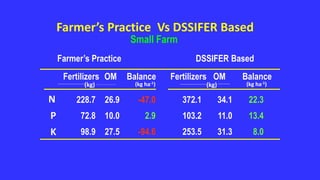Farmer’s Practice Vs DSSIFER Based
Small Farm
Farmer’s Practice DSSIFER Based
228.7 26.9 -47.0 372.1 34.1 22.3
72.8 10.0 2.9 103.2 11.0 13.4
98.9 27.5 -94.6 253.5 31.3 8.0
Fertilizers OM Balance
Fertilizers OM Balance
N
P
K
(kg ha-1)
(kg)
(kg ha-1)
(kg)
 