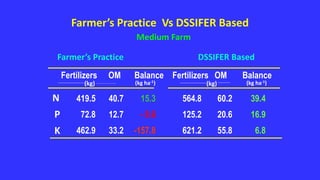 Farmer’s Practice Vs DSSIFER Based
Medium Farm
Farmer’s Practice DSSIFER Based
419.5 40.7 15.3 564.8 60.2 39.4
72.8 12.7 - 9.6 125.2 20.6 16.9
462.9 33.2 -157.8 621.2 55.8 6.8
Fertilizers OM Balance
(kg ha-1)
Fertilizers OM Balance
N
P
K
(kg)
(kg ha-1)
(kg)
 