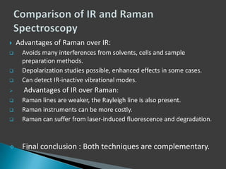 






Advantages of Raman over IR:
Avoids many interferences from solvents, cells and sample
preparation methods.
Depolarization studies possible, enhanced effects in some cases.
Can detect IR-inactive vibrational modes.

Advantages of IR over Raman:



Raman lines are weaker, the Rayleigh line is also present.
Raman instruments can be more costly.
Raman can suffer from laser-induced fluorescence and degradation.



Final conclusion : Both techniques are complementary.




 