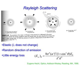 Eugene Hecht, Optics, Addison-Wesley, Reading, MA, 1998.
Rayleigh Scattering
•Elastic ( does not change)
•Random direction of emission
•Little energy loss
4 2 2
0
4 2
8 ( ') (1 cos )
( )
sc
E
E
d

  



 