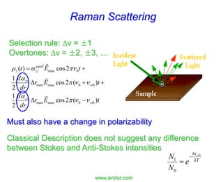 www.andor.com
max 0
max max 0
max max 0
( ) cos2
1
cos2 ( )
2
1
cos2 ( )
2
equil
z zz
zz
vib
zz
vib
t E t
d
r E t
dr
d
r E t
dr
m  

  

  
 
  
 
Selection rule: v = ±1
Overtones: v = ±2, ±3, …
Raman Scattering
Must also have a change in polarizability
Classical Description does not suggest any difference
between Stokes and Anti-Stokes intensities
1
0
vib
h
kT
N
e
N



 