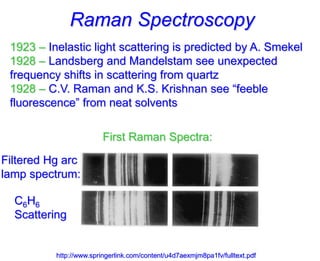 Raman Spectroscopy
1923 – Inelastic light scattering is predicted by A. Smekel
1928 – Landsberg and Mandelstam see unexpected
frequency shifts in scattering from quartz
1928 – C.V. Raman and K.S. Krishnan see “feeble
fluorescence” from neat solvents
First Raman Spectra:
http://www.springerlink.com/content/u4d7aexmjm8pa1fv/fulltext.pdf
Filtered Hg arc
lamp spectrum:
C6H6
Scattering
 
