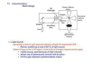 4.) Instrumentation:
- Basic design
i. ) Light source:
- generally a laser to get required intensity of light for reasonable S/N
• Raman scattering is only 0.001% of light source
- Doesn’t have to be in IR region, since look at changes around central peak.
• visible source used because of high intensity
• allows use of glass/quartz sample cells & optics
• UV/Vis type detectors (photomultiplier tubes)
 