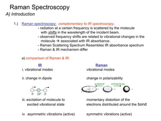 Raman Spectroscopy
A) Introduction
1.) Raman spectroscopy: complementary to IR spectroscopy.
- radiation at a certain frequency is scattered by the molecule
with shifts in the wavelength of the incident beam.
- observed frequency shifts are related to vibrational changes in the
molecule  associated with IR absorbance.
- Raman Scattering Spectrum Resembles IR absorbance spectrum
- Raman & IR mechanism differ
a) comparison of Raman & IR:
IR Raman
i. vibrational modes vibrational modes
ii. change in dipole change in polarizability
iii. excitation of molecule to momentary distortion of the
excited vibrational state electrons distributed around the bond
iv. asymmetric vibrations (active) symmetric vibrations (active)
d- 2d+ d-
extend compress
 