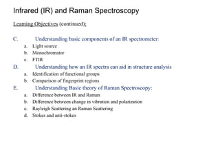 Infrared (IR) and Raman Spectroscopy
Learning Objectives (continued):
C. Understanding basic components of an IR spectrometer:
a. Light source
b. Monochromator
c. FTIR
D. Understanding how an IR spectra can aid in structure analysis
a. Identification of functional groups
b. Comparison of fingerprint regions
E. Understanding Basic theory of Raman Spectroscopy:
a. Difference between IR and Raman
b. Difference between change in vibration and polarization
c. Rayleigh Scattering an Raman Scattering
d. Stokes and anti-stokes
 
